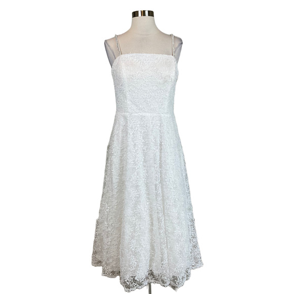 AQUA Women's Cocktail Dress Size 4 White Sequined Lace Sleeveless A-Line Midi - Picture 1 of 10